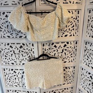 NWT Express Chic White/Cream Sequin Crop Top and Shorts Set Sz S/6